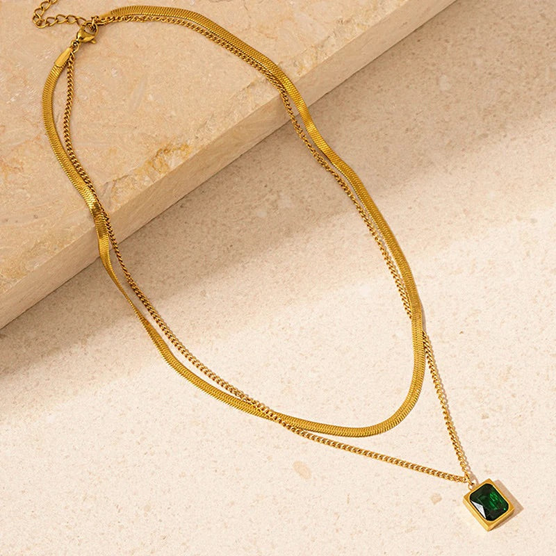 Elegant Dual-Layer Gold Necklace with Green Stone Pendant – Anti-Tarnish