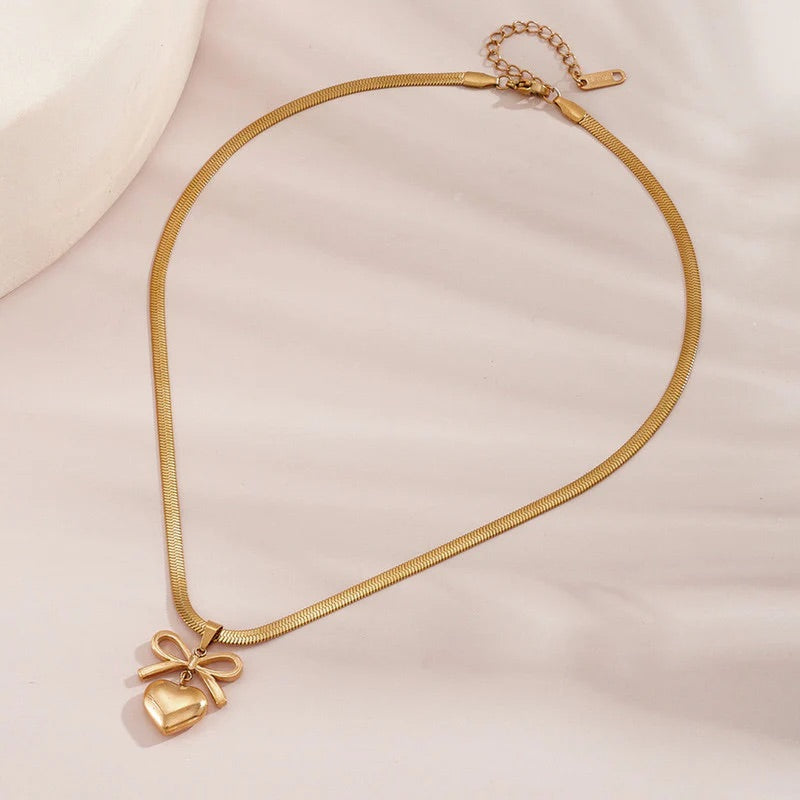Golden Bow Heart Pendant Necklace
