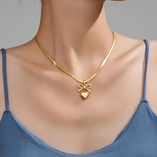 Golden Bow Heart Pendant Necklace