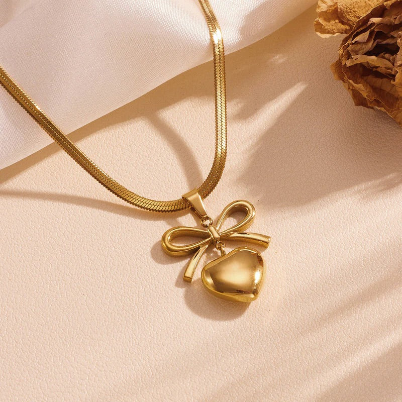 Golden Bow Heart Pendant Necklace