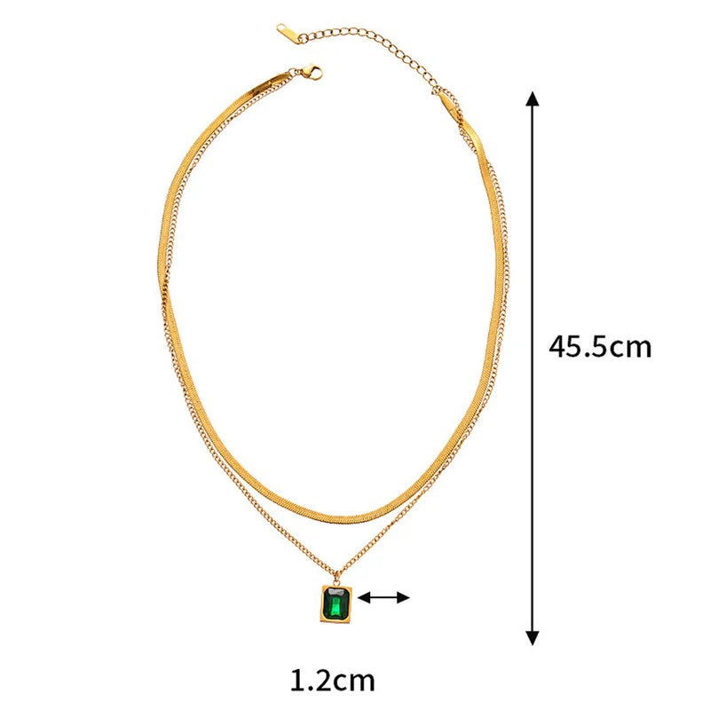 Elegant Dual-Layer Gold Necklace with Green Stone Pendant – Anti-Tarnish