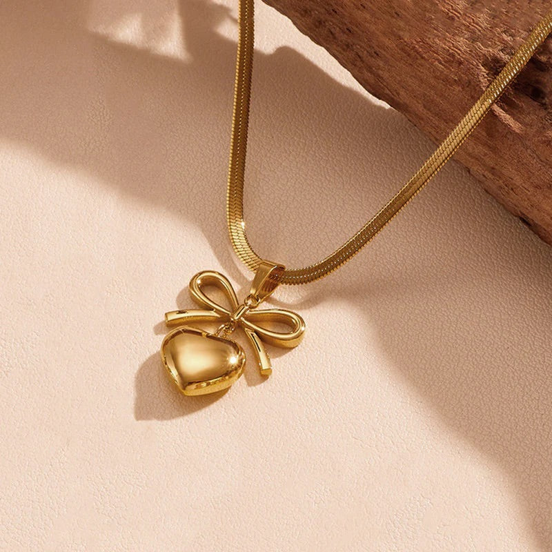 Golden Bow Heart Pendant Necklace