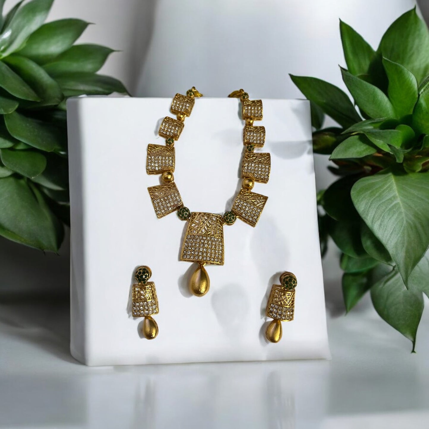 Gold-Toned Antique Necklace Set with Green and White Stones