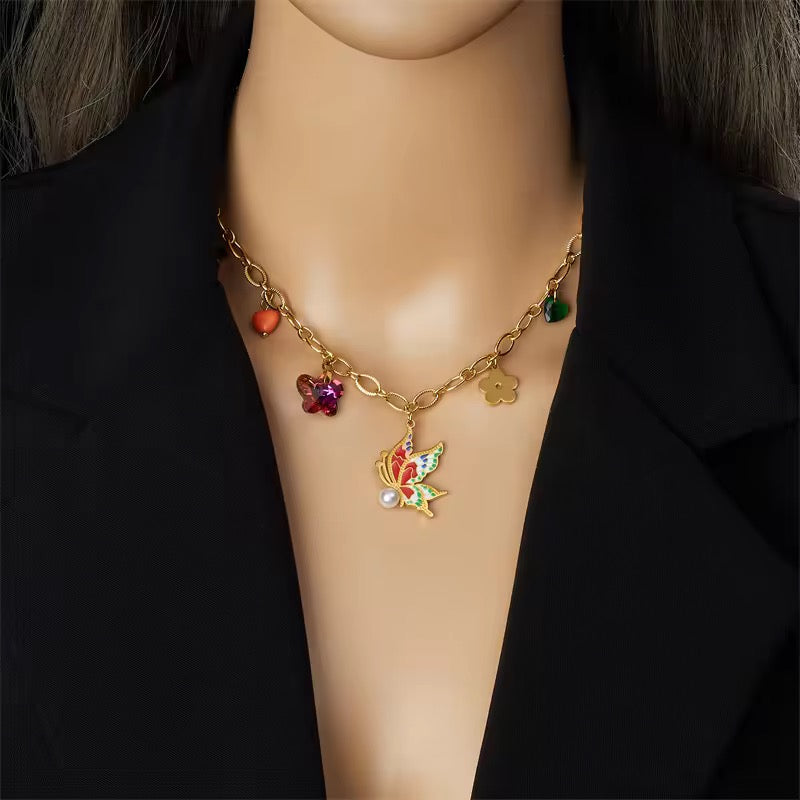 Ocean Bloom Charm Necklace – Floral Butterfly Pendant for College Girls & Women | Party & Holiday Jewelry