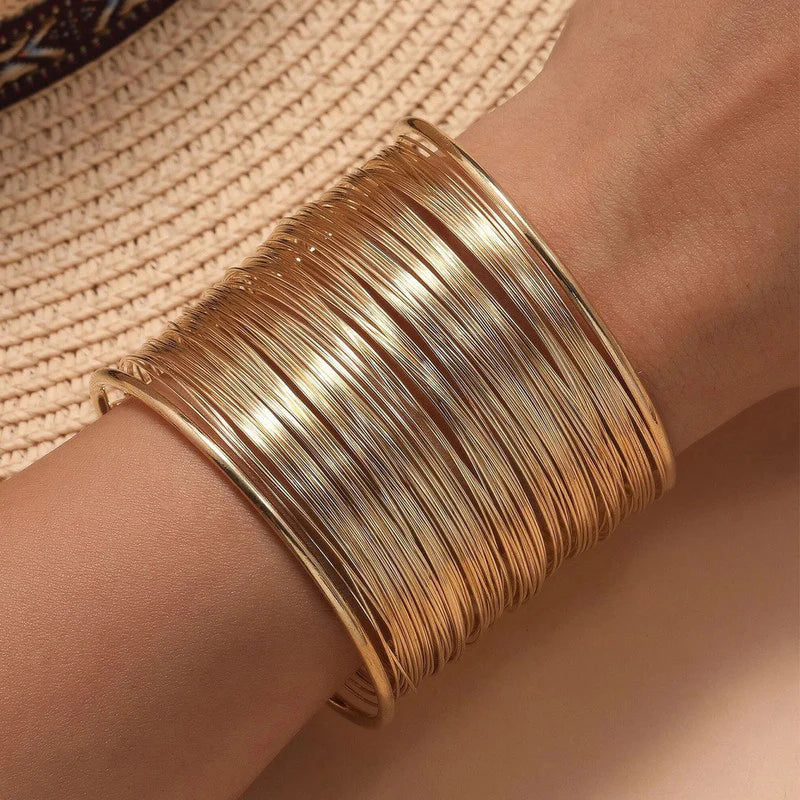 Gold Plated Multi-Strand Cuff Bracelet - Boho Chic Statement Jewelry
