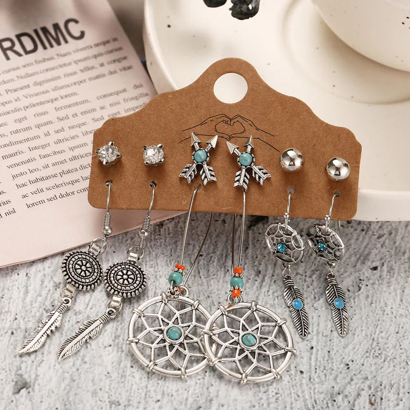Boho Chic Oxidized Silver Dreamcatcher & Arrow Earrings Set – 6 Pairs