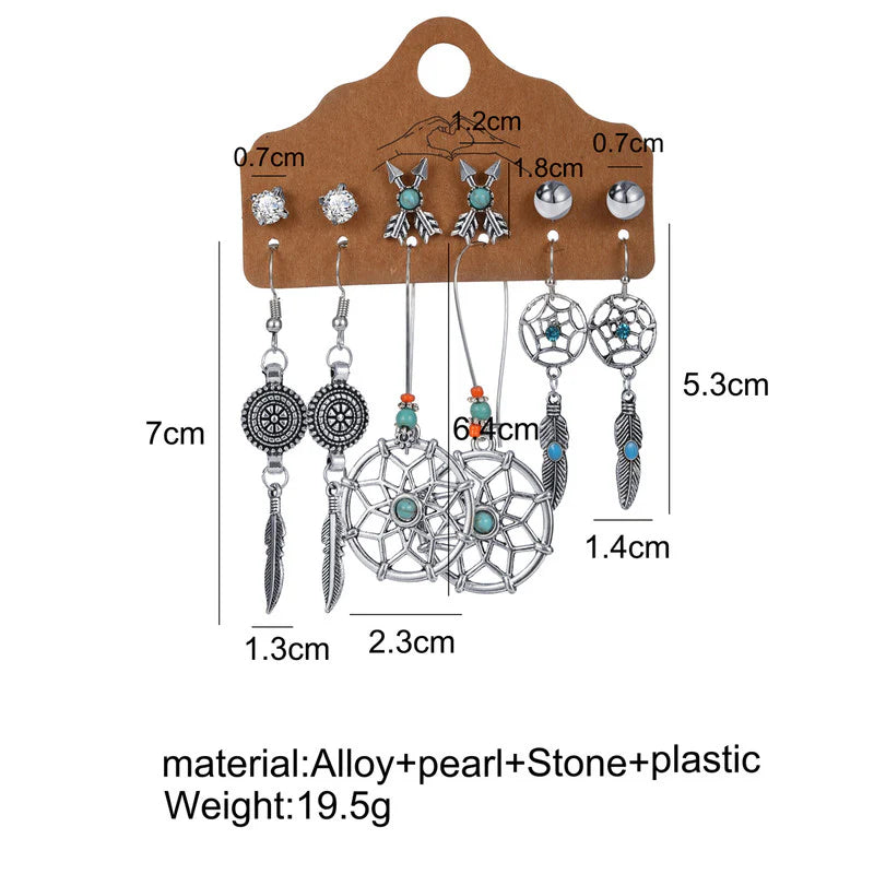 Boho Chic Oxidized Silver Dreamcatcher & Arrow Earrings Set – 6 Pairs