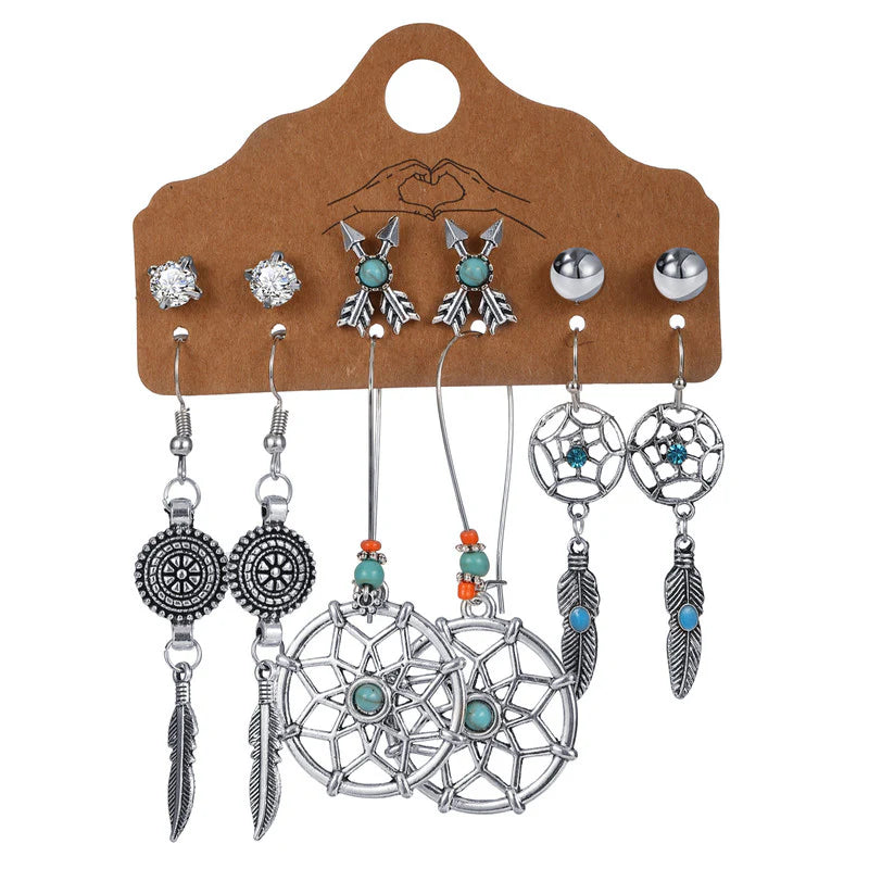 Boho Chic Oxidized Silver Dreamcatcher & Arrow Earrings Set – 6 Pairs