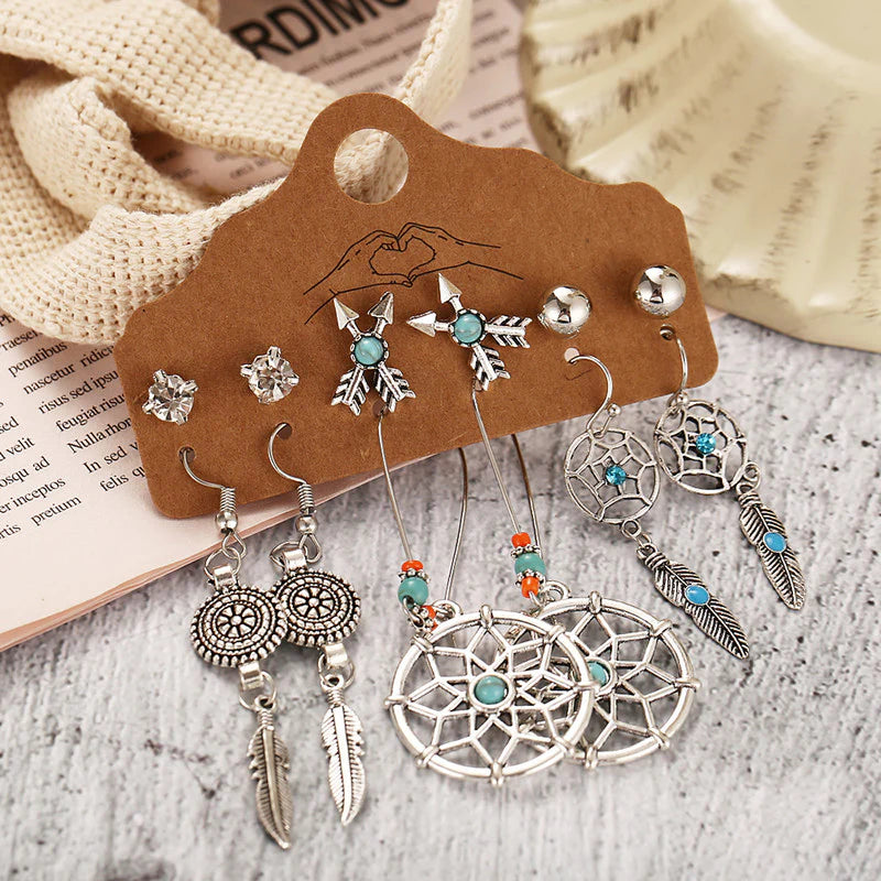 Boho Chic Oxidized Silver Dreamcatcher & Arrow Earrings Set – 6 Pairs