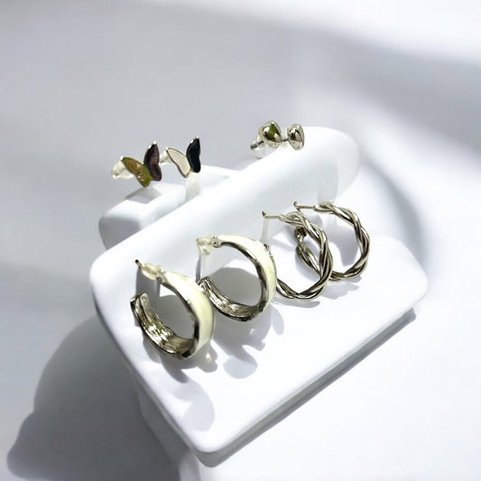 Silver Earring Set: Hoops, Twisted, Butterfly, and Heart