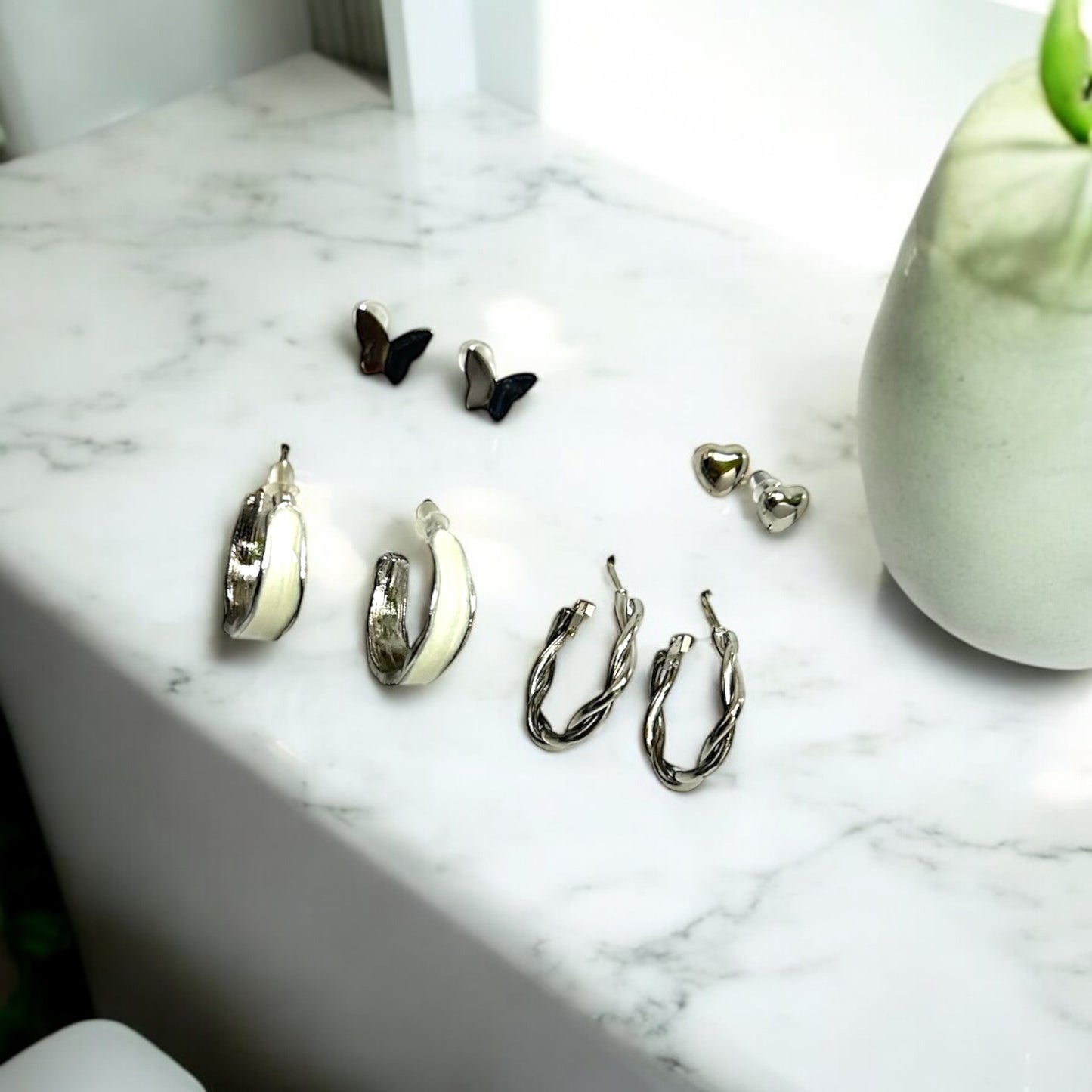 Silver Earring Set: Hoops, Twisted, Butterfly, and Heart