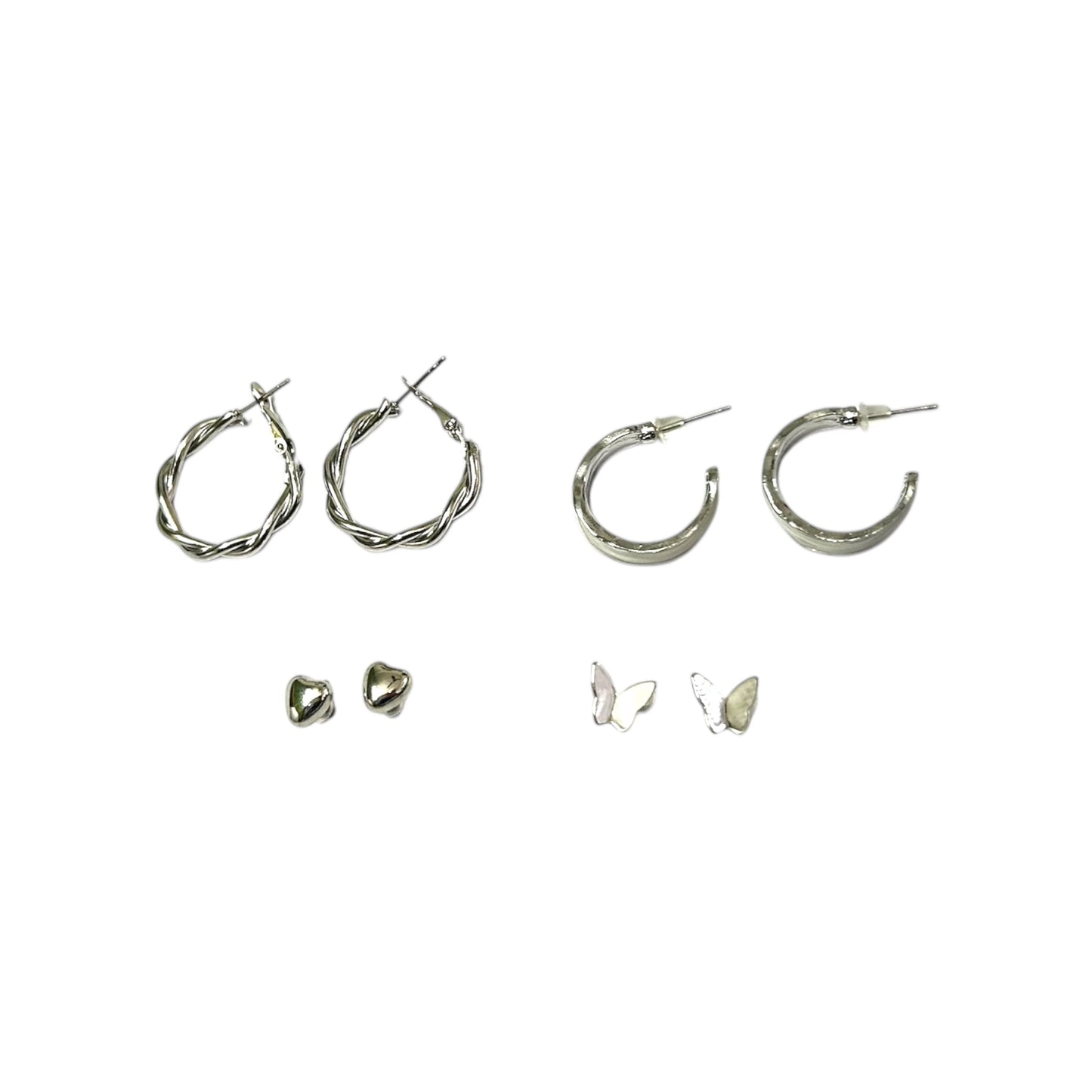 Silver Earring Set: Hoops, Twisted, Butterfly, and Heart