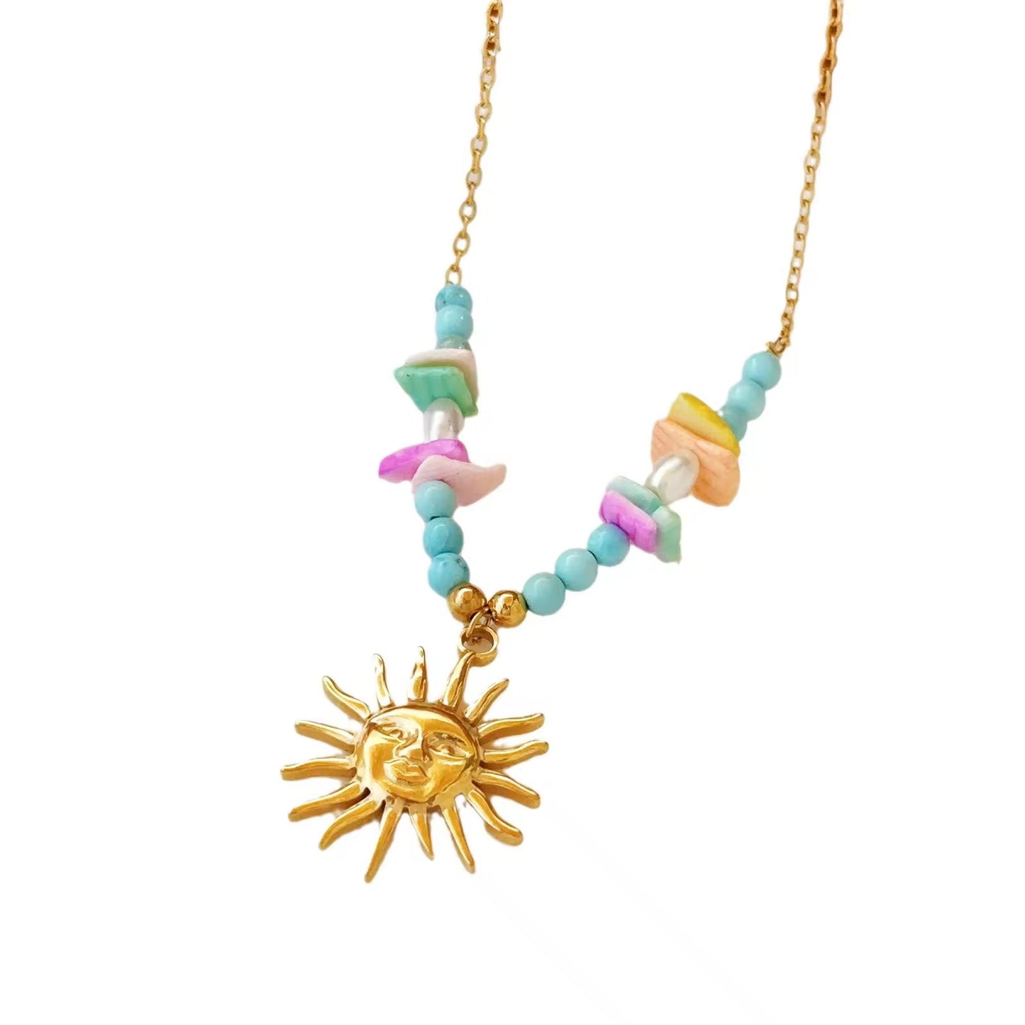 Golden Solstice: Anti-Tarnish Stainless Steel Sun & Bead Necklace - Summer Radiance