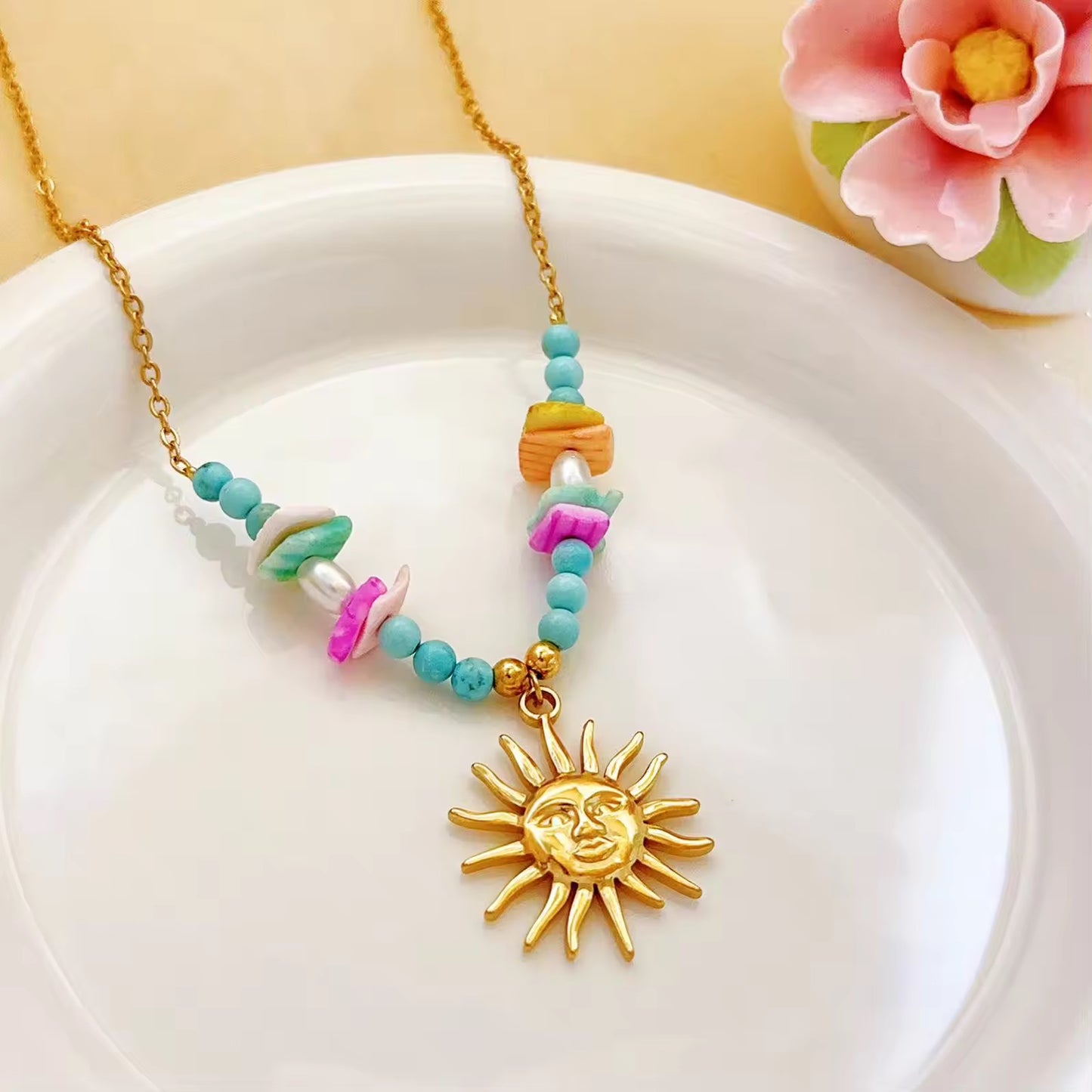 Golden Solstice: Anti-Tarnish Stainless Steel Sun & Bead Necklace - Summer Radiance
