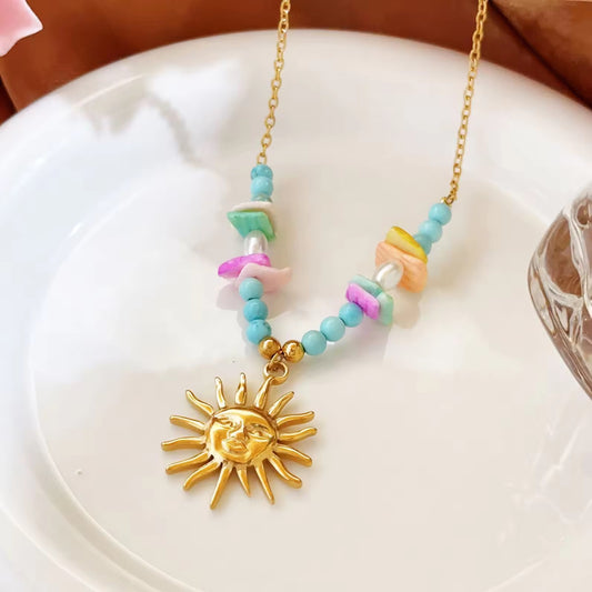 Golden Solstice: Anti-Tarnish Stainless Steel Sun & Bead Necklace - Summer Radiance