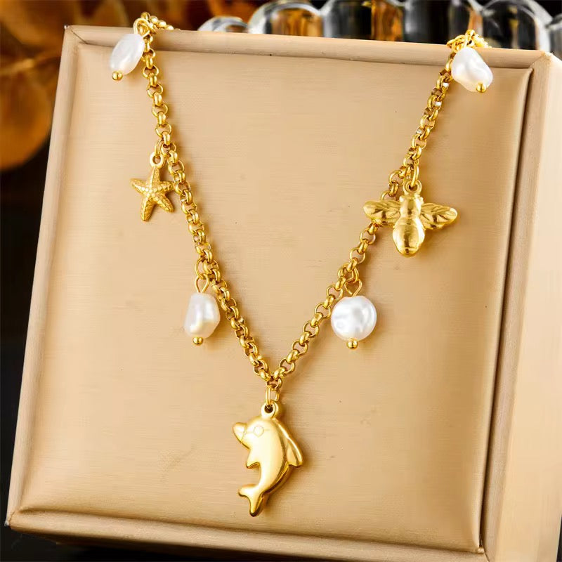 Oceanic Bloom: Anti-Tarnish Stainless Steel Dolphin, Starfish & Pearl Necklace - Summer Charm