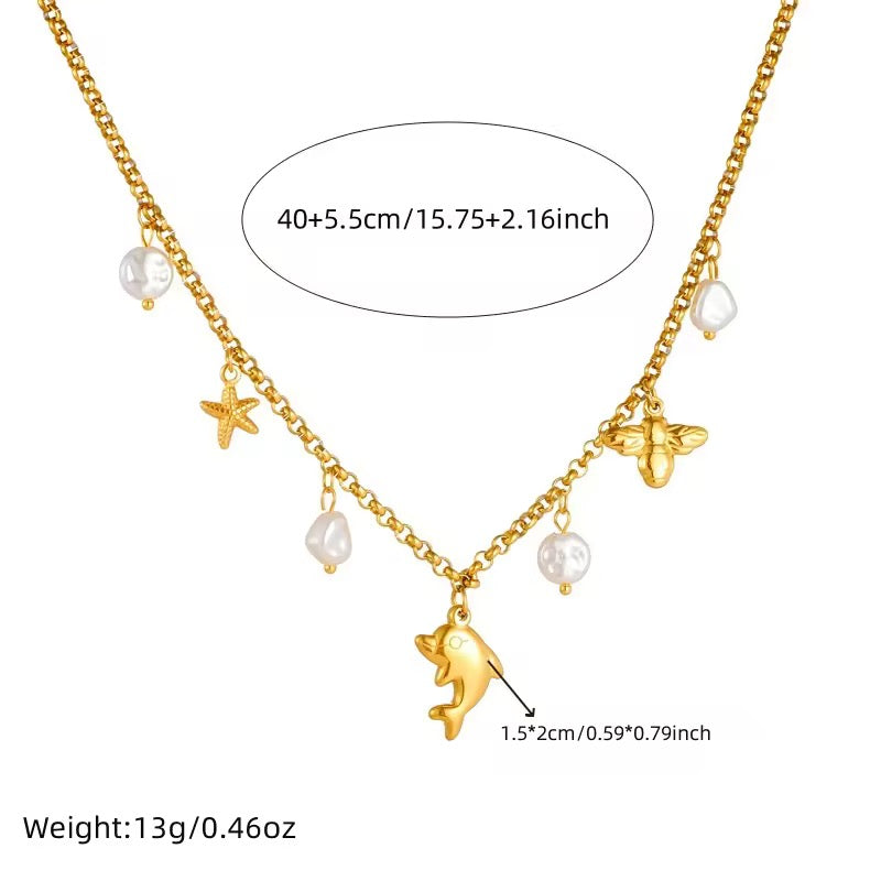 Oceanic Bloom: Anti-Tarnish Stainless Steel Dolphin, Starfish & Pearl Necklace - Summer Charm