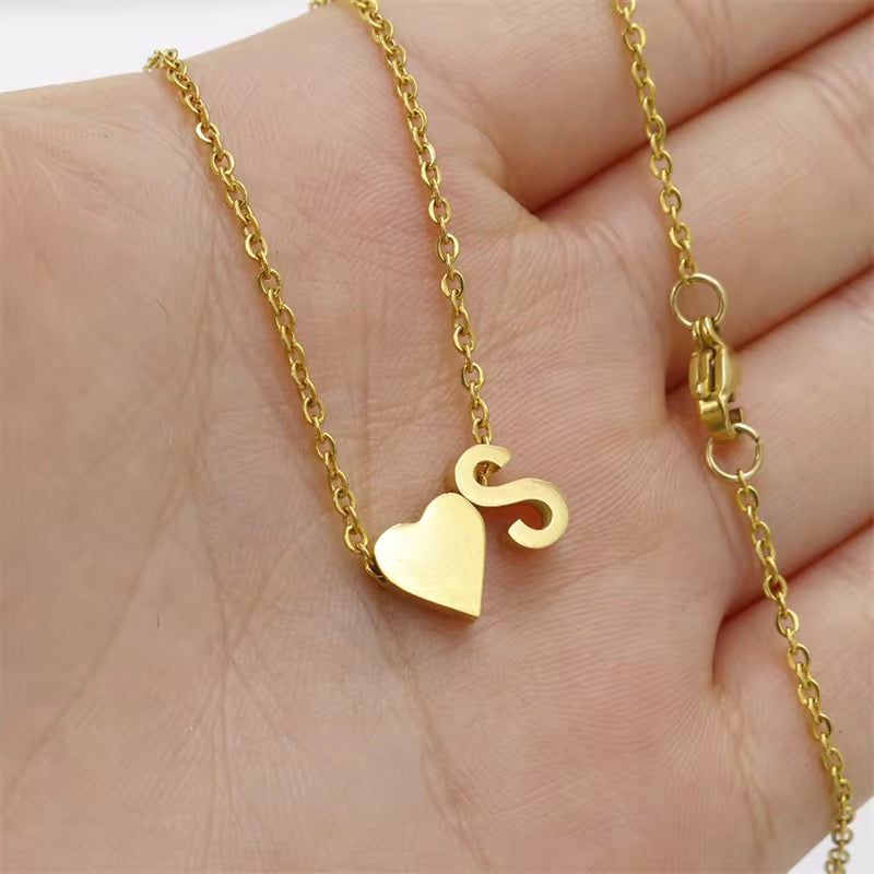 Golden Initial Love: Anti-Tarnish Stainless Steel Letter & Heart Necklace - Personalized Charm