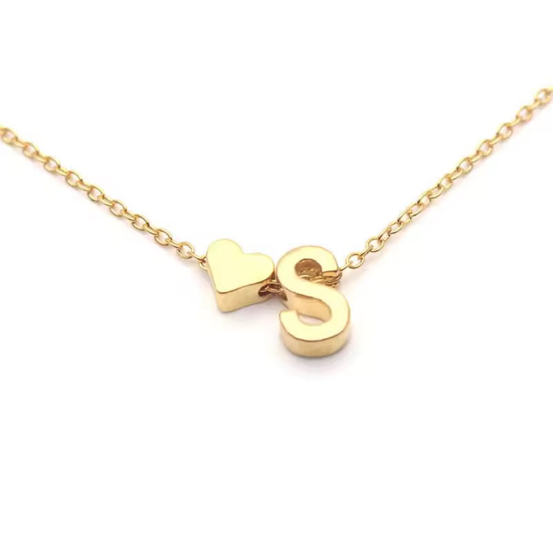 Golden Initial Love: Anti-Tarnish Stainless Steel Letter & Heart Necklace - Personalized Charm