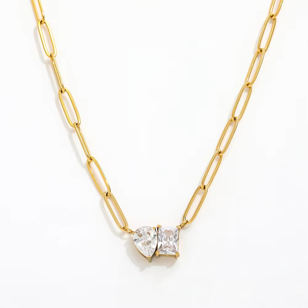 Luxe Link: Anti-Tarnish Stainless Steel Paperclip Necklace - Dual Gem Glam