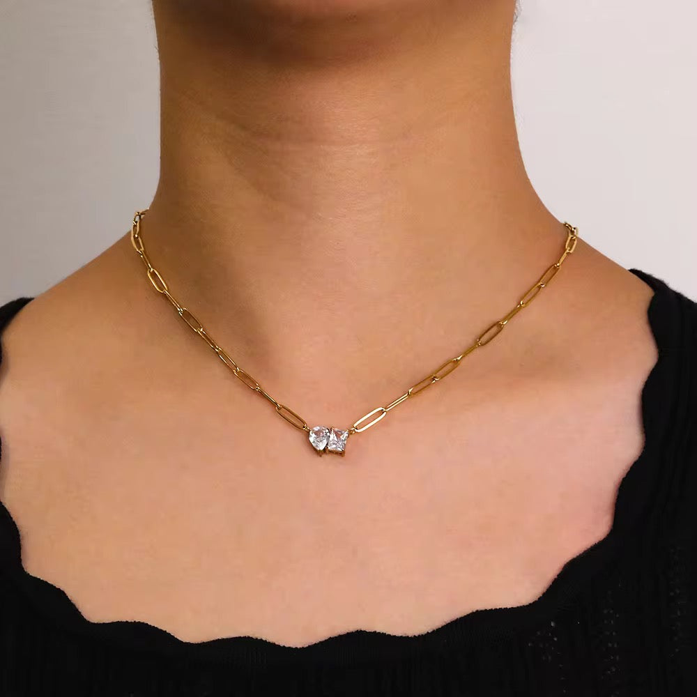 Luxe Link: Anti-Tarnish Stainless Steel Paperclip Necklace - Dual Gem Glam