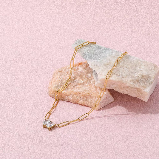 Luxe Link: Anti-Tarnish Stainless Steel Paperclip Necklace - Dual Gem Glam