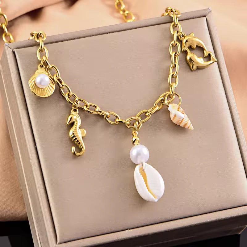 OceanMuse Gold-Tone Charm Necklace – Anti-Tarnish Stainless Steel Sea-Inspired Jewellery for Women