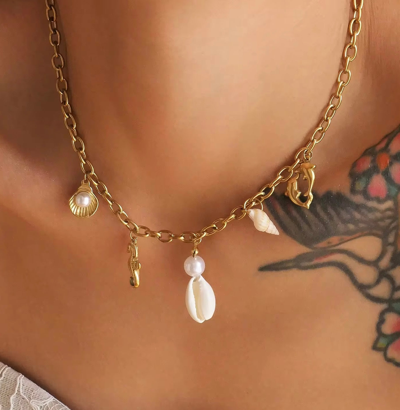 OceanMuse Gold-Tone Charm Necklace – Anti-Tarnish Stainless Steel Sea-Inspired Jewellery for Women