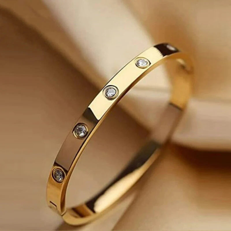 LuxeLock Gold-Tone Cuff Bracelet – Anti-Tarnish Stainless Steel Bangle with Crystals for Women