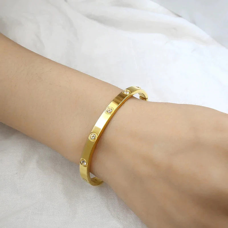 LuxeLock Gold-Tone Cuff Bracelet – Anti-Tarnish Stainless Steel Bangle with Crystals for Women