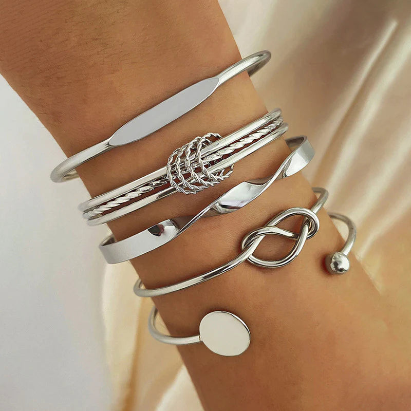 GleamStack Silver-Tone Bracelet Set – Stylish Combo of 5 Adjustable Bangles for Women