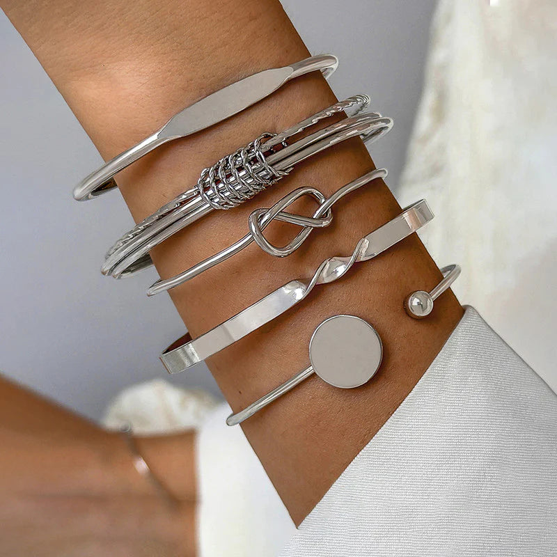 GleamStack Silver-Tone Bracelet Set – Stylish Combo of 5 Adjustable Bangles for Women