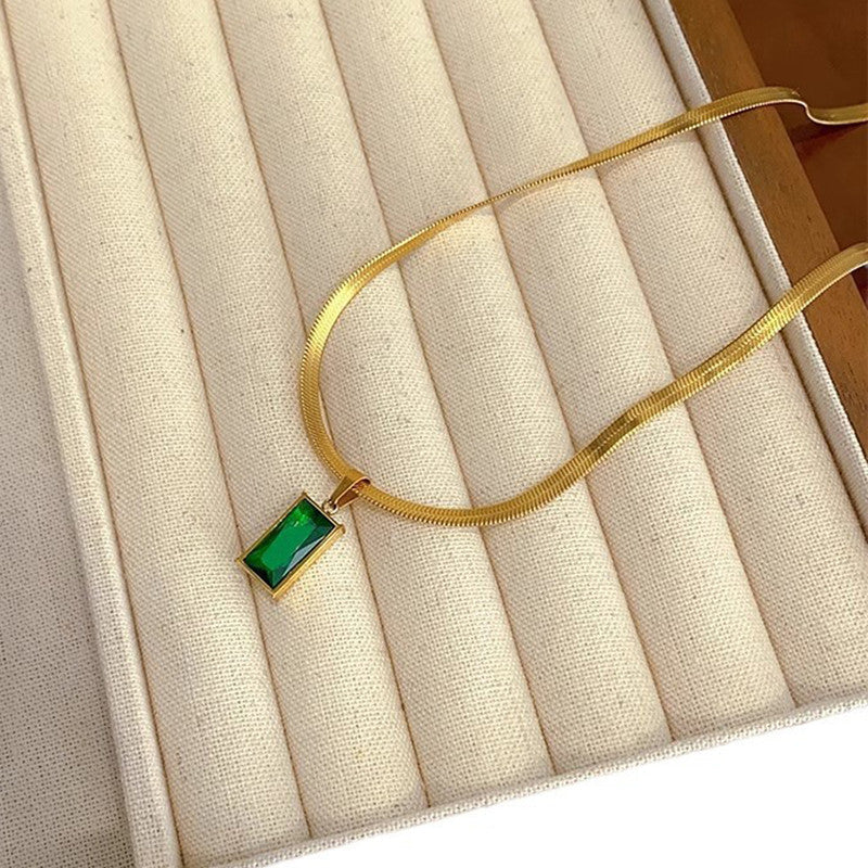 Emerald Elegance Gold-Tone Herringbone Necklace – Anti-Tarnish Pendant Chain for Indian Women