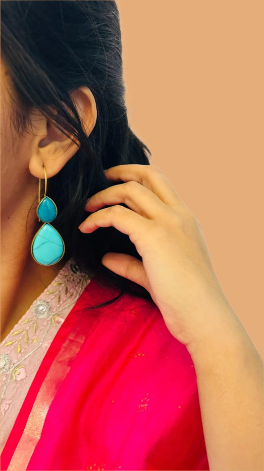 Double Dreams: Pastel Blue Natural Stone Drop Brass Earrings
