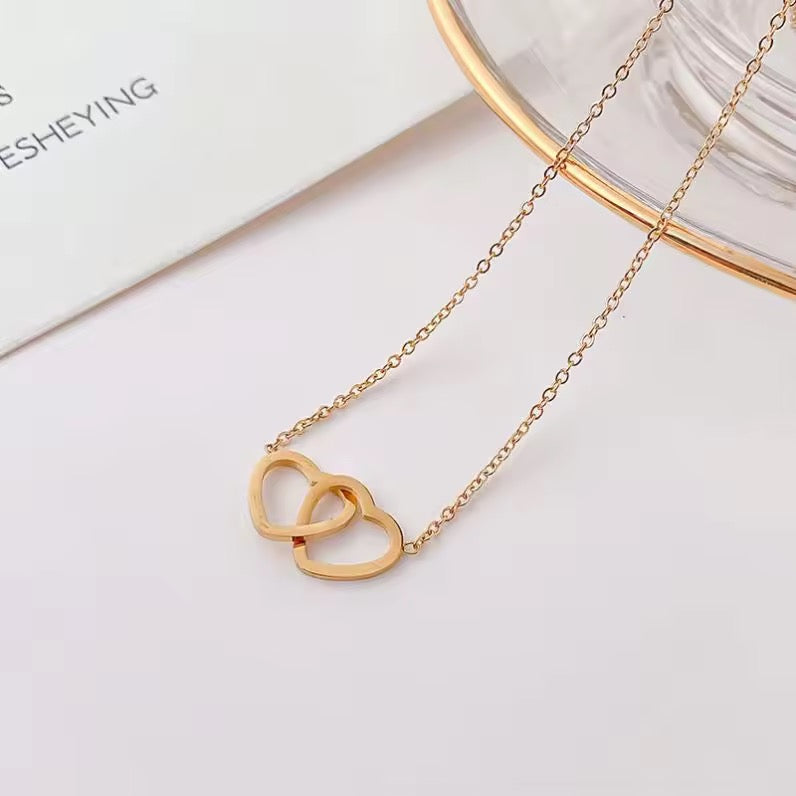 Double Heart Gold Necklace – Anti Tarnish, Waterproof, Everyday Wear