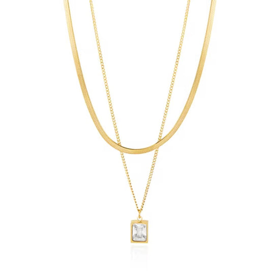 Luxora Dual-Layer Gold Necklace with White Crystal Pendant – Anti-Tarnish & Waterproof
