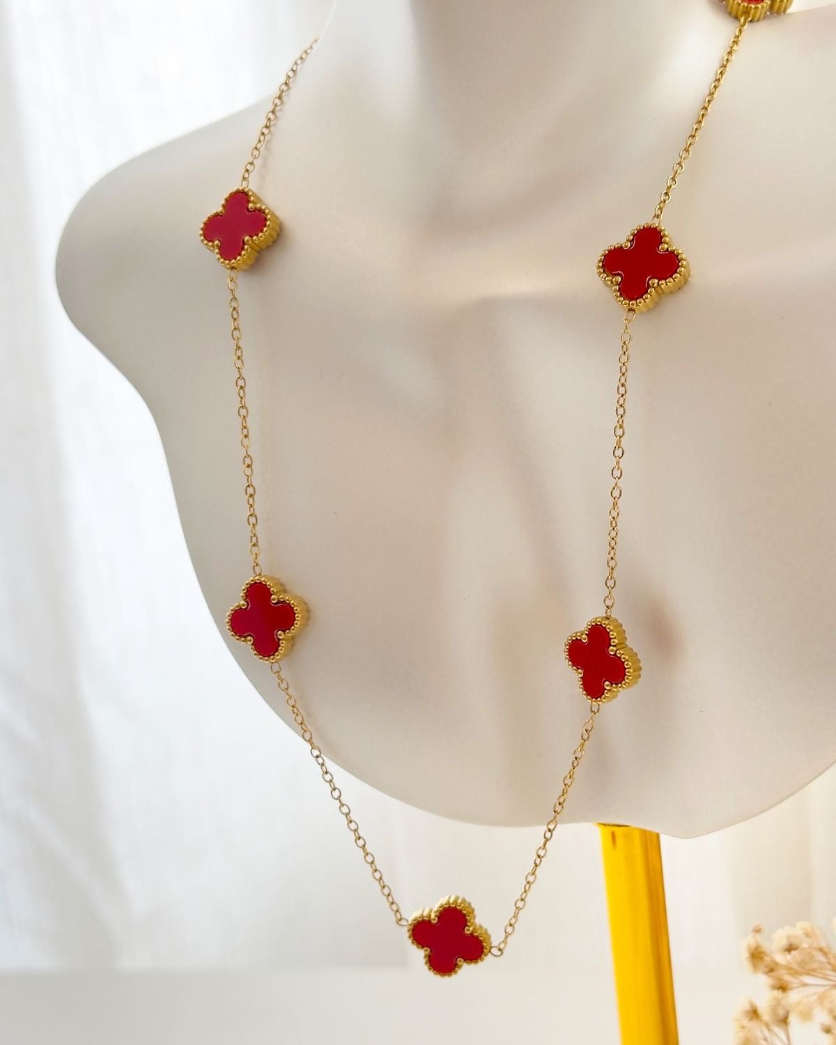 Maroon Clover Charm Jewellery Set – Necklace, Bracelet & Studs (Anti-Tarnish)