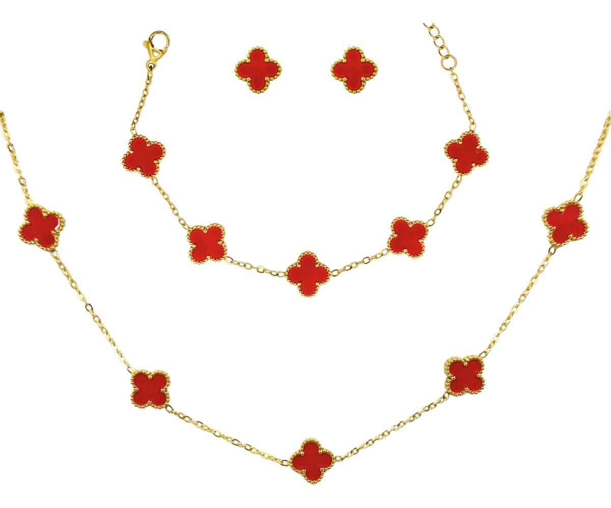 Maroon Clover Charm Jewellery Set – Necklace, Bracelet & Studs (Anti-Tarnish)