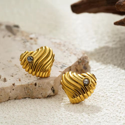 18 KT Gold Plated Textured Heart Studs with Crystal Accent
