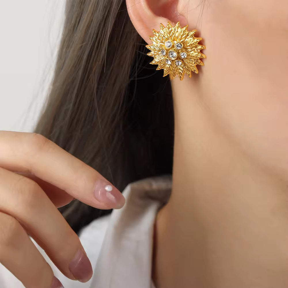 22kt Gold Plated Crystal-Studded Floral Burst Studs