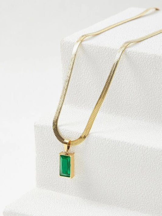 Emerald Elegance Gold-Tone Herringbone Necklace – Anti-Tarnish Pendant Chain for Indian Women