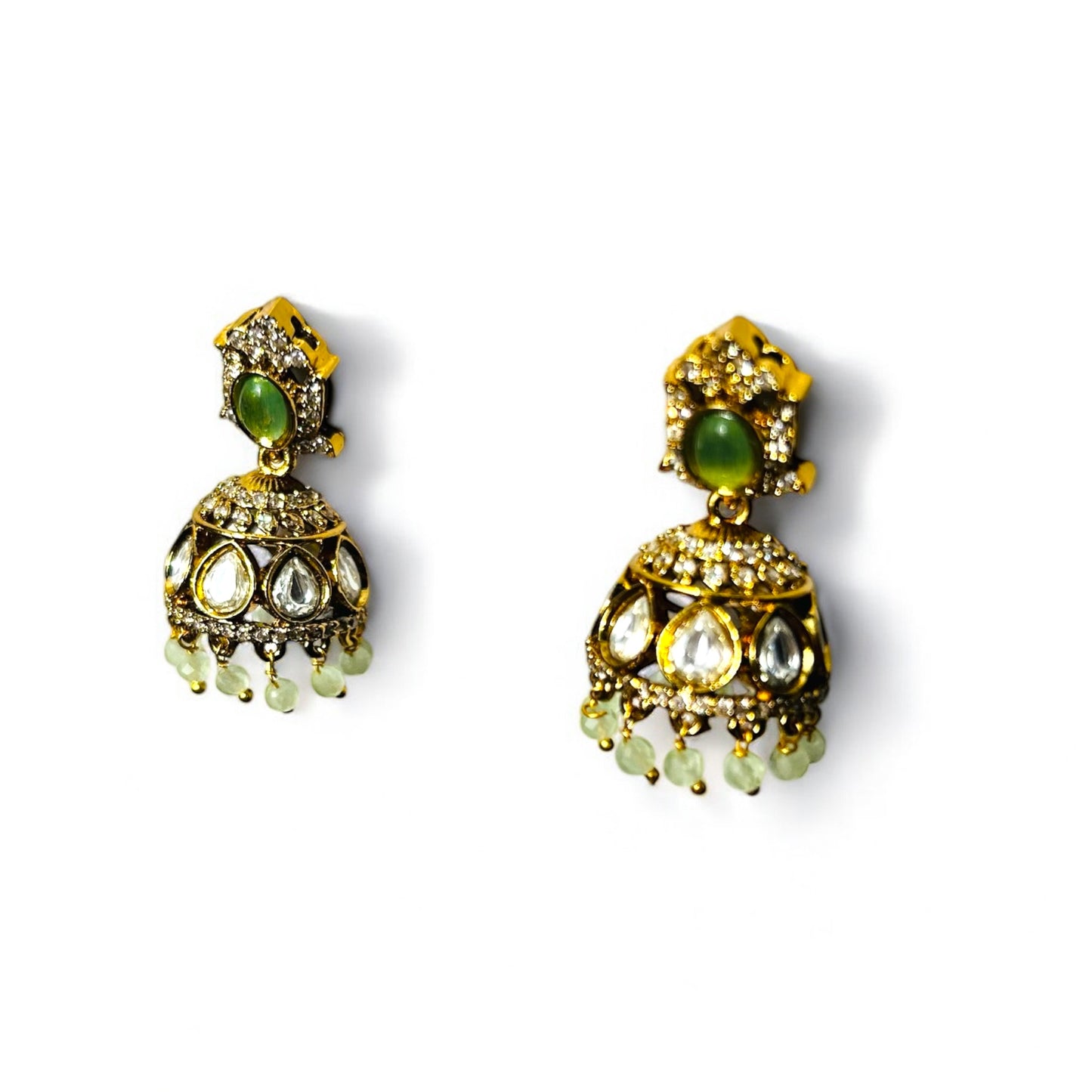 Victoria Collection: Delicate Green Jadau Jhumka Earrings