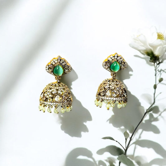Victoria Collection: Delicate Green Jadau Jhumka Earrings