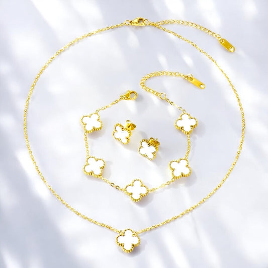 Anti-Tarnish Gold-Plated Clover Jewelry Set | Necklace, Bracelet & Earrings
