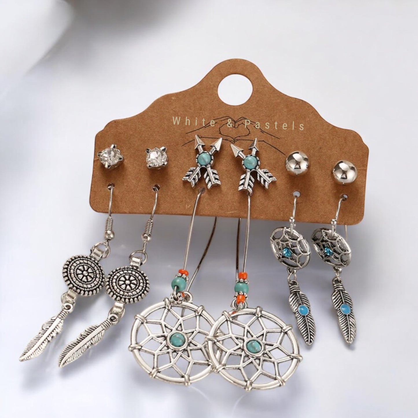 Boho Chic Oxidized Silver Dreamcatcher & Arrow Earrings Set – 6 Pairs