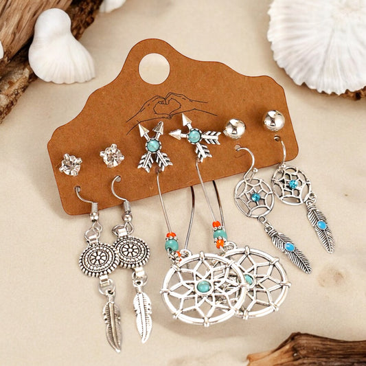 Boho Chic Oxidized Silver Dreamcatcher & Arrow Earrings Set – 6 Pairs