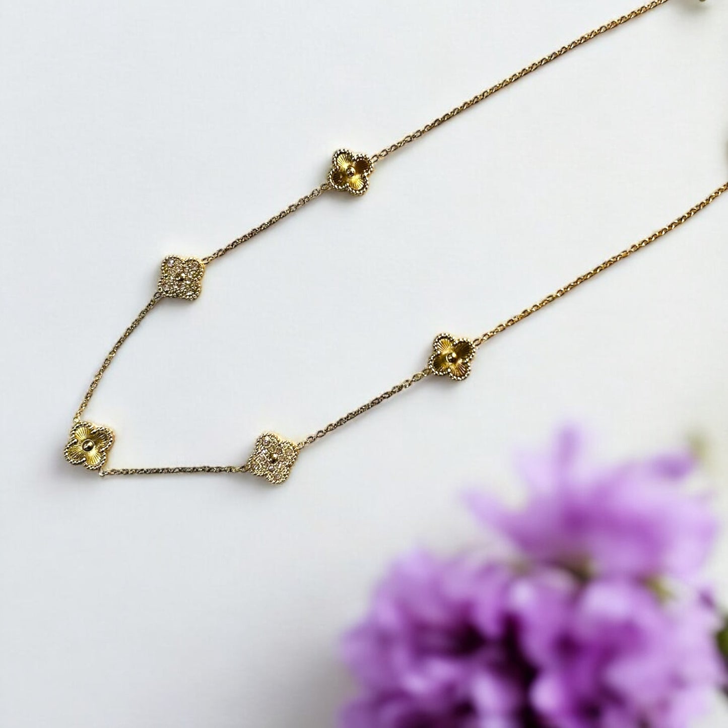 Golden Clover Luxe Necklace with AD Stone Studs – Anti-Tarnish & Waterproof
