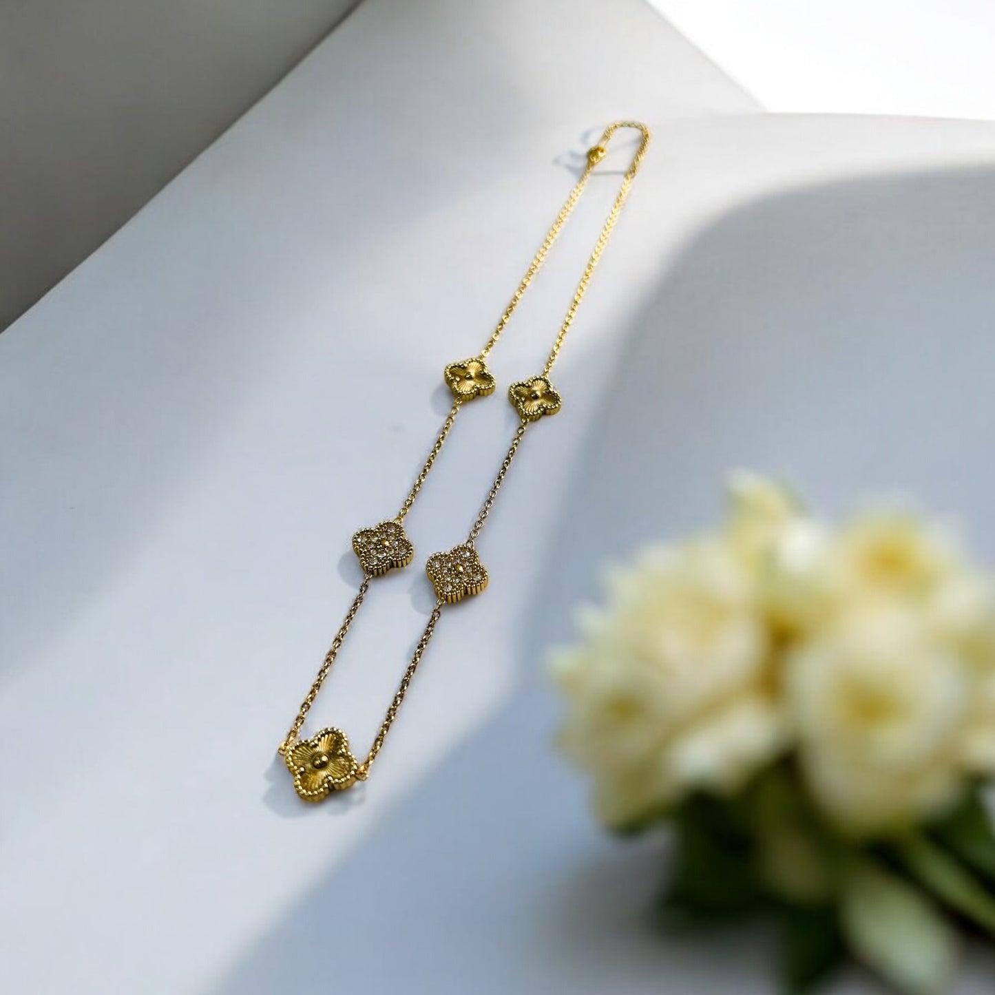 Golden Clover Luxe Necklace with AD Stone Studs – Anti-Tarnish & Waterproof
