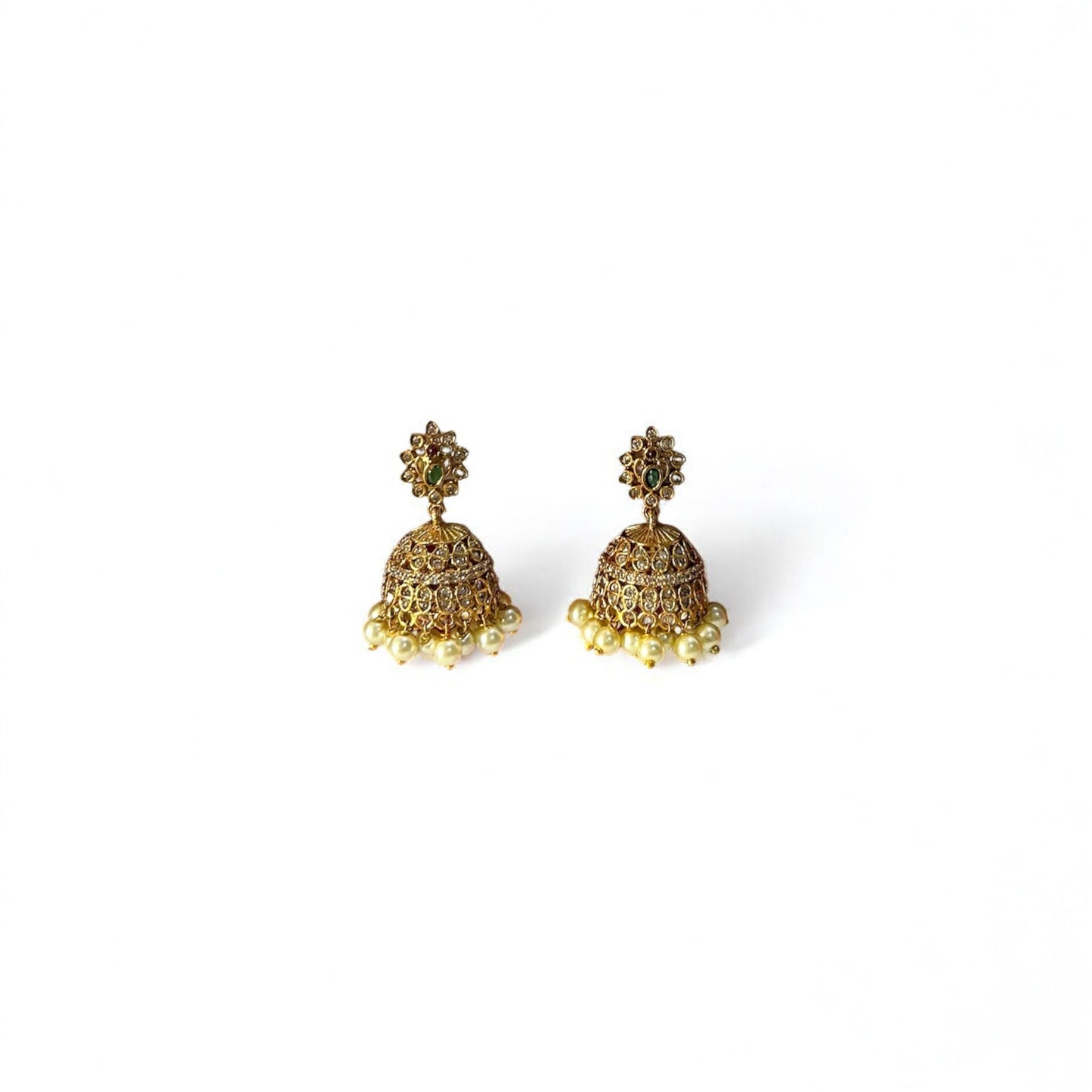 Flower Motif Antique Necklace with Jhumkas - Gold Plated