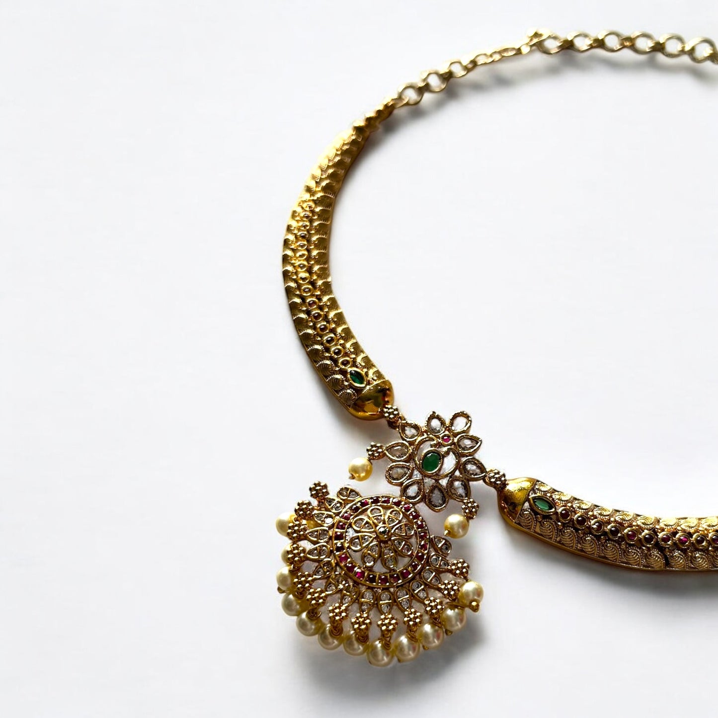 Flower Motif Antique Necklace with Jhumkas - Gold Plated